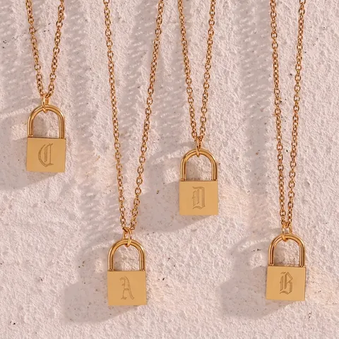 Stainless Steel Initial Padlock Pendant Necklace Gothic Letter Gold Plated Fashion Jewelry Gift For Women