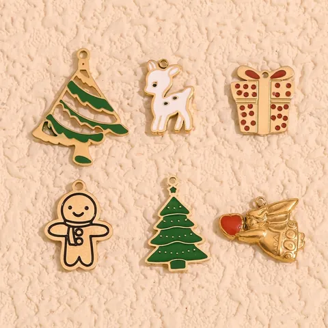Christmas Charms 14K Gold Plated Stainless Steel Enamel Cartoon Elk Tree Snowman Gingerbread Man DIY Jewelry Making Pendants