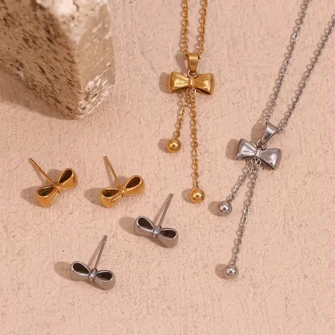 Bowknot Necklace And Earrings Stainless Steel 18K Gold Plated Tassel Beads Elegant Fashion Jewelry For Women