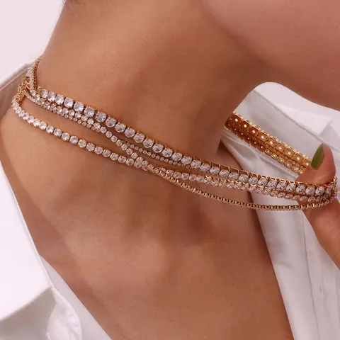 Stainless Steel Zirconia Tennis Necklace For Women Gold Silver Plated Modern Minimalist Banquet Light Luxury Chain Jewelry