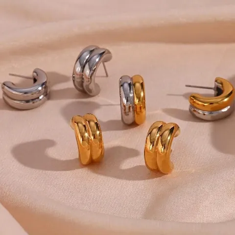 Creolen Aus Edelstahl Doppelschichtig C-Form Für Damen Klobig Poliert Geometrisch Modern Minimalistisch Schmuck