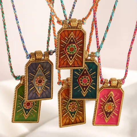 Tarot Card Evil Eye Pendant Necklace Stainless Steel 18K Gold Plated Enamel Colorful Woven Rope Ethnic Style Women