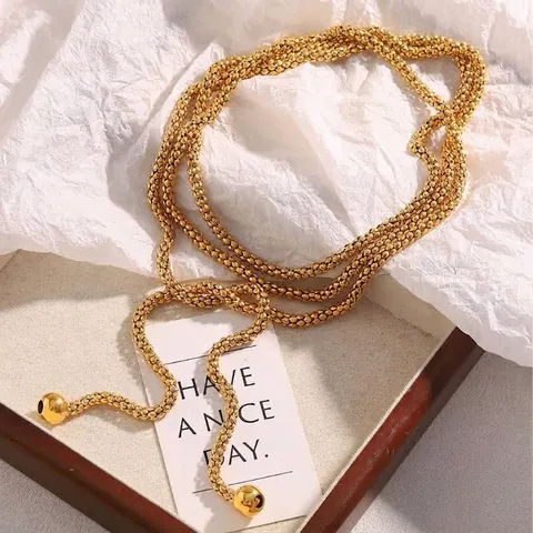 Minimalistische Edelstahl 18K Vergoldete Lange Lariat Halskette Gewebte Popcornkette Mit Kugelförmigen Anhängern Luxusschmuck Für Damen