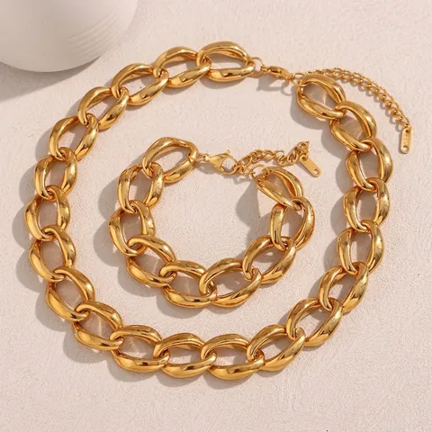 Conjunto de Joyería Minimalista de Acero Inoxidable Chapado en Oro de 18K para Mujer Collar y Pulsera de Cadena de Eslabones Gruesos Accesorios