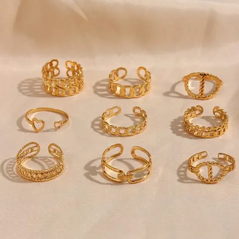 Stainless Steel Rings For Women 18K Gold Plated Open Adjustable Geometric Heart Chain Vintage Fashion Jewelry