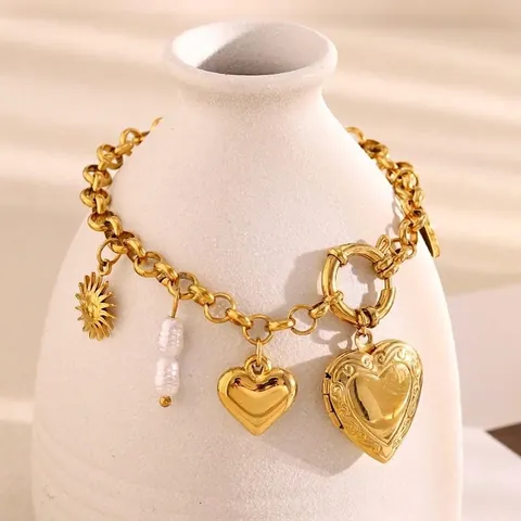 Pulsera De Amuletos Acero Inoxidable Chapado En Oro Corazón Relicario Sol Perla Artificial Joyería Vintage Para Mujer