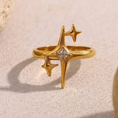 North Star Ring 18K Gold Plated Stainless Steel Square Zircon Cross Star Minimalist Luxury Jewelry For Women Fashion