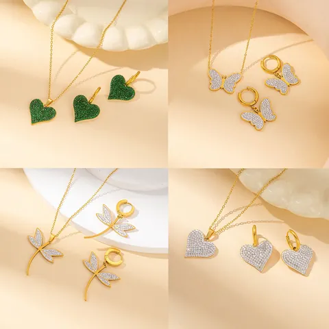 304 Edelstahl Zirkonia Herz Schmetterling Libelle Halskette Ohrringe Für Damen Vergoldet Luxus Mode Schmuck