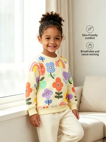Girls Cotton Pullover Sweatshirt Long Sleeve Cartoon Cat Floral Printed Cream Sweatshirt For Toddler Girls Kids Casual Top