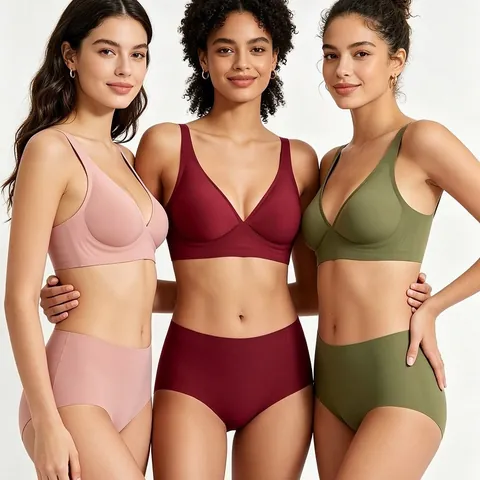 Women Deep V Seamless Wire-Free Bra Panty Top And Bottom Soft Support Breathable Polyamide Lingerie For Daily Comfort