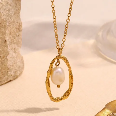 Collar Con Colgante De Perla Artificial Acero Inoxidable Bañado En Oro De 18K Encanto Ovalado Texturizado Irregular Joyería Retro Elegante Para Mujer