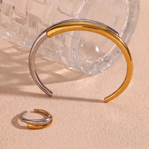 Bracciale Rigido Minimalista Bicolore E Anello Intrecciato Placcato Oro 18K Acciaio Inossidabile 316L Gioielli Geometrici Da Donna