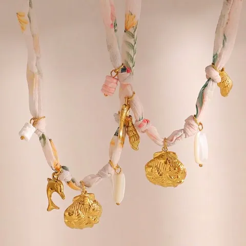 Bohemian Floral Fabric Ribbon Necklace Stainless Steel Gold Plated Dolphin Seashell Scallop Summer Beach Chic Women