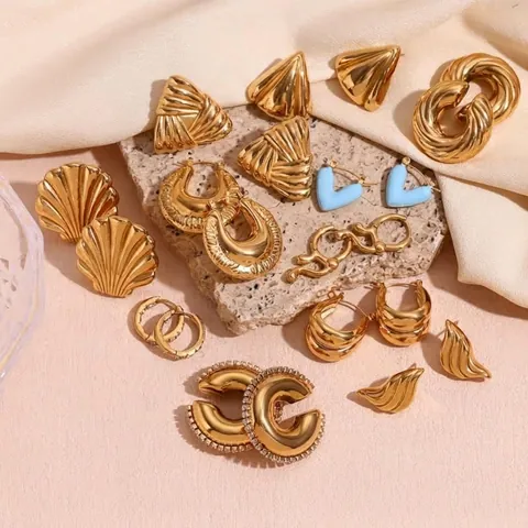 Geometric Chunky Earrings 18K Gold Plated 316L Stainless Steel Hollow Triangle Shell Heart Stud Hoop Jewelry For Women