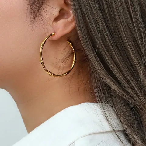Moda Placcata in Oro 18K Acciaio Inossidabile 316L Orecchini a Cerchio Grande a Giunto di Bambù per Donna Gioielli Geometrici