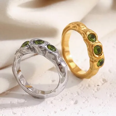 Lava Textur Edelstahl Ring Trio Grüne Zirkonia 18K Vergoldet Minimalistischer Geometrischer Schmuck Für Damen