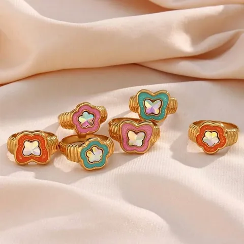 Anillos Coloridos De Mariposa Y Flor Acero Inoxidable Chapado En Oro Esmalte Banda Acanalada Joyería De Moda