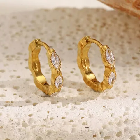 Marquise Cubic Zirconia Huggie Hoop Earrings 18K Gold Plated Stainless Steel Wave Textured Elegant Jewelry For Women