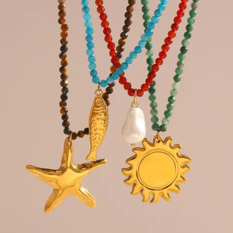 Collana Con Pendente Sole Stella Marina Pesce Acciaio Inossidabile Placcato Oro 18K Perline Pietra Naturale Gioielli Estate Donna