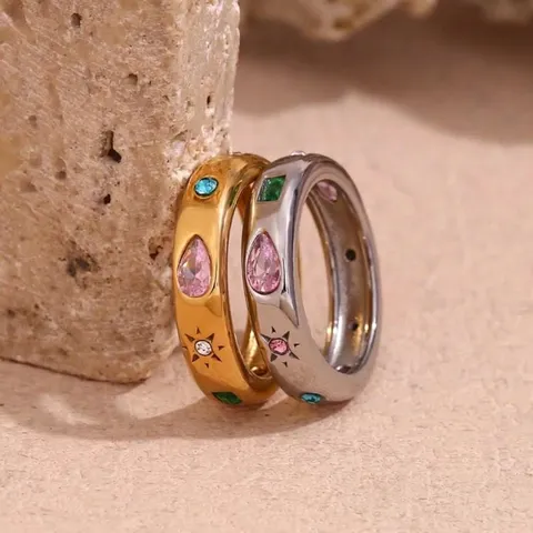 Vintage Stainless Steel Color Rhinestone Ring For Women Retro Geometric Water Drop Rectangle 18K Gold Plated Jewelry Finger Ring