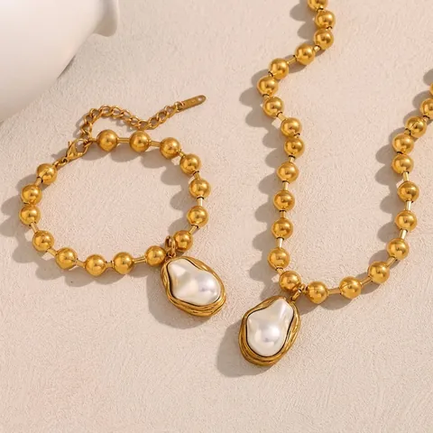 Künstliche Barockperle Halskette Und Armband Set Edelstahl 18K Vergoldet Kugelkette Mode Schmuck Für Damen
