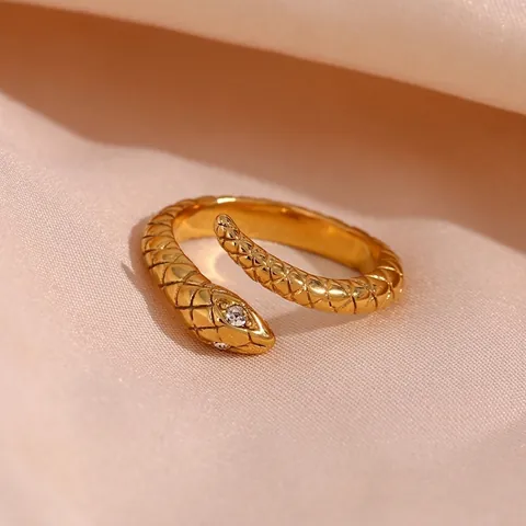 Snake Wrap Ring Stainless Steel Gold Plated With White Zirconia Eyes Open Adjustable Textured Retro Fashion For Women