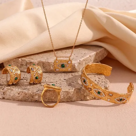Set di Gioielli Occhio di Malachite in Acciaio Inossidabile Collana Orecchini Anello Bracciale Oro Martellato