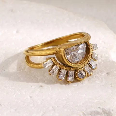 Bague Double Couche Acier Inoxydable Plqué Or 18K Soleil Rayonnant Zirconia Vintage Bijoux De Mode Femmes