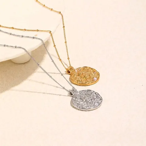 Sun Moon Face Relief Coin Pendant Necklace Gold Plated Stainless Steel Artificial Pearl Zircon Vintage Bohemian Style For Women