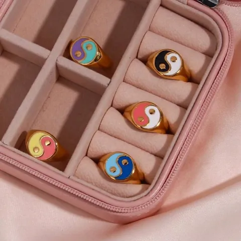 Yin Yang Tai Chi Signet Ring 18K Gold Plated Stainless Steel Colorful Enamel Finger Jewelry For Women Trendy Ins Style