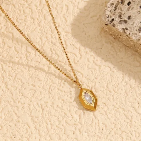 Collier Pendentif Losange Géométrique Acier Inoxydable Plaqué Or Avec Zircone Cubique Blanc Marquise Bijoux Femme