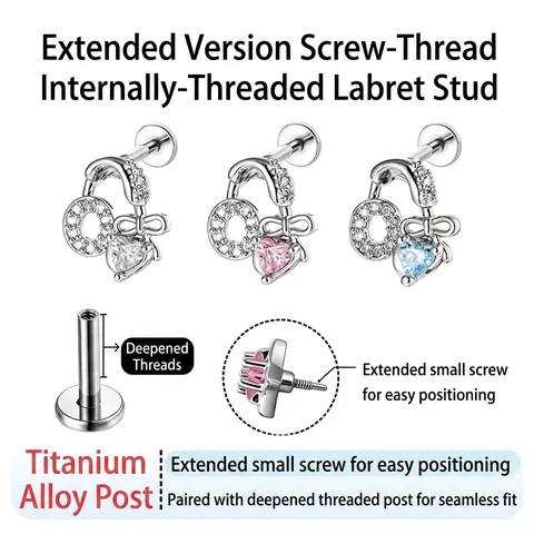 Sweet Heart Bowknot Headphones Zirconia Cartilage Stud Earrings Titanium Alloy Internal Thread Piercing Jewelry For Women