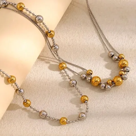Collana A Doppio Strato In Acciaio Inossidabile 316L Placcato Oro 18K Catena A Sfere Bicolore Stile INS Gioielli Per Donna
