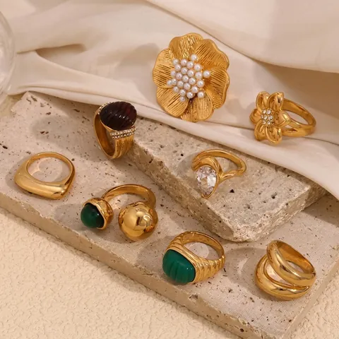 Vintage Blume Geometrische Ringe Edelstahl 18K Vergoldet Acryl Kunstperle Zirkon Französischer Modeschmuck Für Frauen