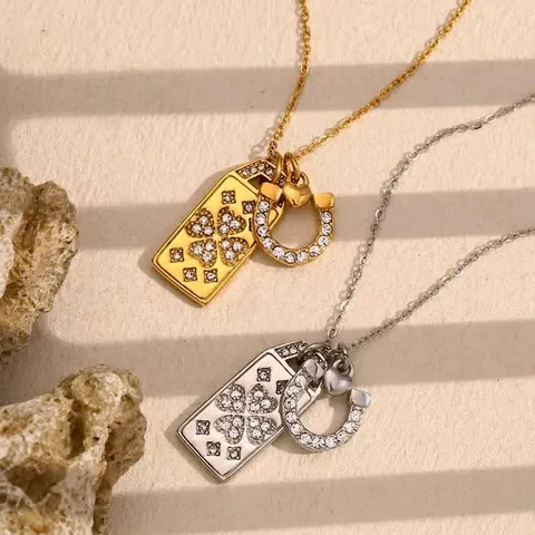 Stainless Steel Horseshoe Pendant Necklace 18K Gold Plated Square Tag Four Leaf Clover Heart Rhinestone Fashion Women