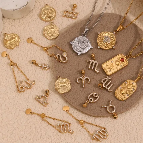 Collana Anello Dodici Costellazioni Tarocchi Acciaio Inossidabile Placcato Oro 18K Regolabile Zircone Gioielli Donna
