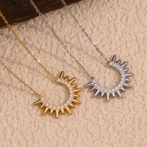 Indian Chief Headdress Pendant Necklace Stainless Steel 18K Gold Plated Cubic Zirconia Inlaid Sunburst Jewelry For Women
