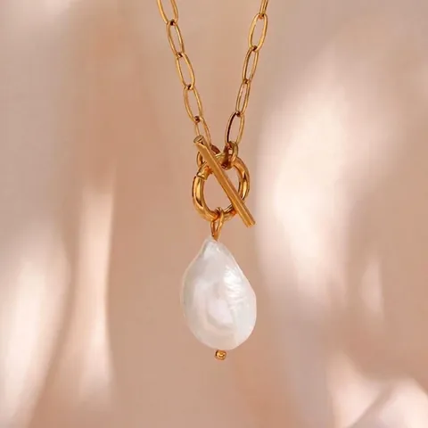 Collar Con Colgante de Perla de Agua Dulce Barroca para Mujer Cadena de Clip de Acero Inoxidable Chapado en Oro de 18K