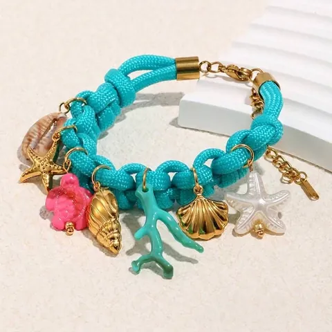 Ocean Theme Pendant Necklace Blue Woven Rope 18K Gold Plated Stainless Steel Starfish Turtle Shell Summer Beach Jewelry