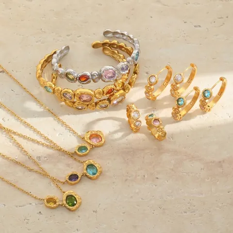 Vintage Stainless Steel Jewelry Set 18K Gold Plated Hammered Geometric Rhinestone Necklace Bracelet Earring Ring For Women