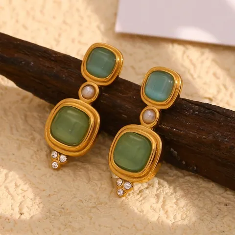 Vintage French Style Square Green Cat Eye Stone Stud Earrings Stainless Steel Gold Plated With Faux Artificial Pearl And Rhinestone For Women