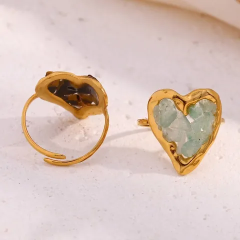Bague Ouverte Coeur Acier Inoxydable Plaqué Or 18K Pierre Naturelle Retro Bohème Bijoux Réglables Pour Femmes