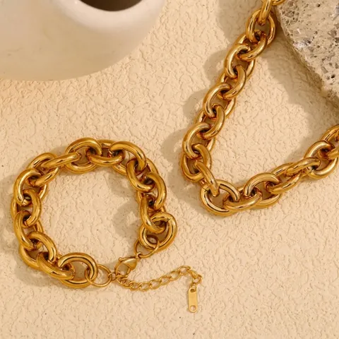 Trendy Stainless Steel 18K Gold Plated Chunky Link Chain Necklace For Women Bold Round Line Bracelet Fashion Jewelry Gift