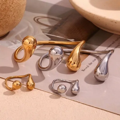 Minimalistischer Edelstahl Doppel Wassertropfen Offener Armreif Verstellbarer Gold Silber Plattierter Wasser Tropfen Ring Schmuck Damen