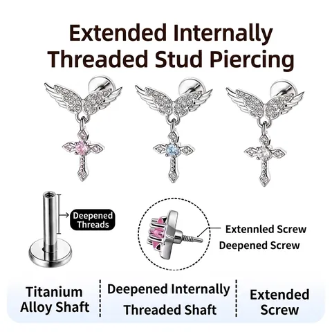 Titanium Alloy Angel Wings Cross Pendant Piercing Cartilage Stud For Women Cool Sweet Style Rhinestone Body Jewelry