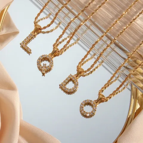 Initial Letter Pendant Necklace Stainless Steel Pavé Rhinestones Gold Plated Twist Rope Chain Alphabet Fashion Jewelry Women