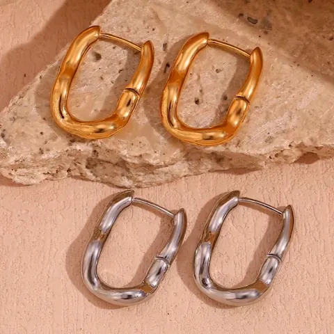 Irregular U-Shape Hoop Earrings 316L Stainless Steel 18K Gold Plated Minimalist Geometric Wave Liquid Metal Style Women