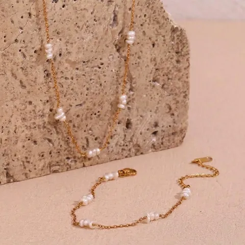 Edelstahl Süßwasserperle Halskette Armband Für Damen 18K Vergoldet Elegante Nische Handgefertigter Mode Schmuck Zubehör