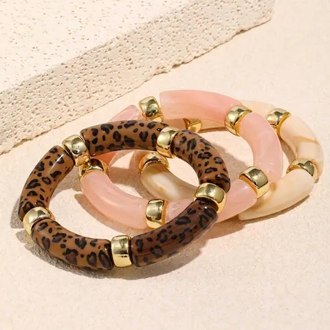 Acrylic Bamboo Joint Elastic Bracelet With Golden Metal Spacers Vintage Marble Leopard Print Geometric Bangle For Women