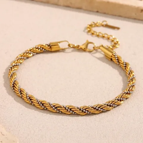 Stainless Steel Twisted Rope Bracelet For Women Two-Tone 18K Gold Plated Braided Chain With Beads Adjustable